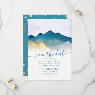 Save The Date Aquarelle Blue Gold Foil Mountain Mariage extérieu