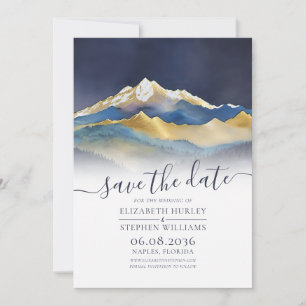 Save The Date Aquarelle Blue Gold Foil Mountain Mariage extérieu