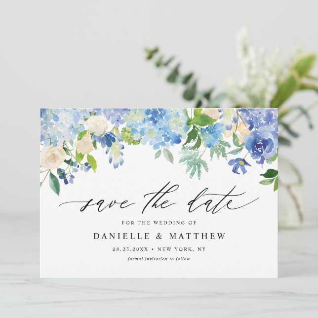 Save The Date Aquarelle Blue Hydrangeas et Roses ivoiriens (Debout devant)
