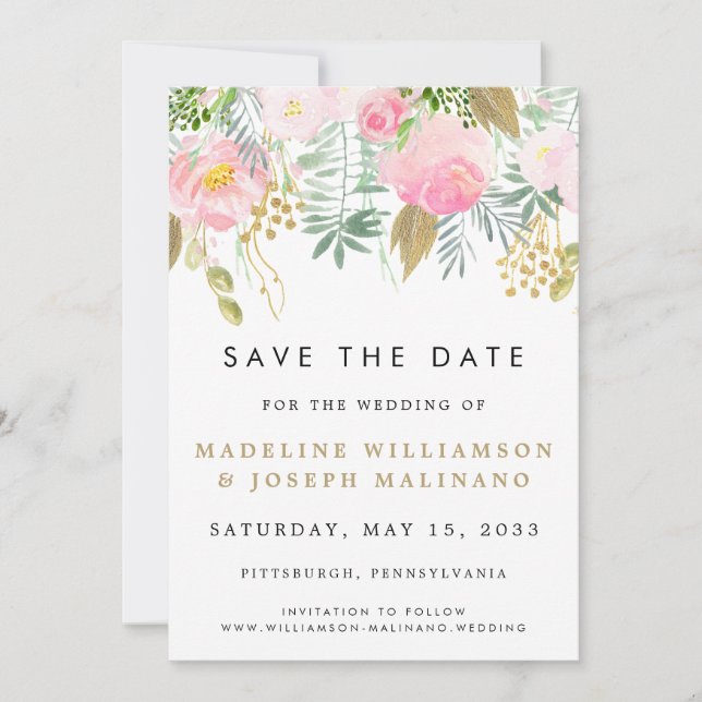 Save The Date Aquarelle Blush & Gold Floral Photo Enregistrer la (Devant)