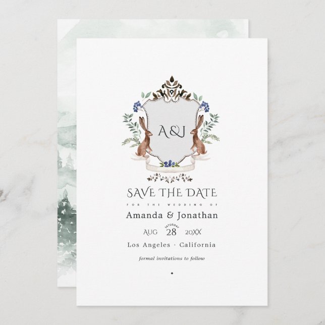 Save The Date Aquarelle Bois Laurel Crest Monogramme Mariage (Devant / Derrière)