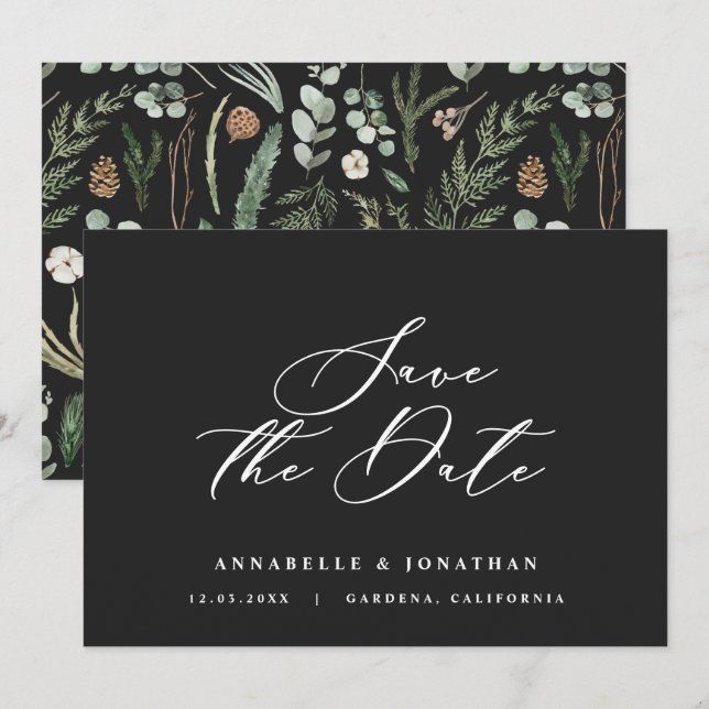 Save The Date Aquarelle botanique noir élégant script enregistre (Devant / Derrière)
