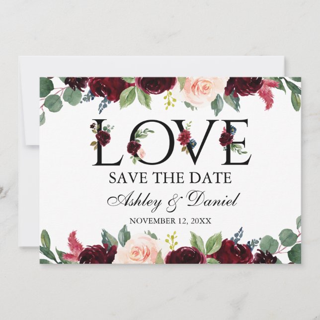 Save The Date Aquarelle Bourgogne Amour Floral Enregistrer La Da (Devant)
