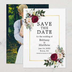 Save The Date Aquarelle Bourgogne Blanc Floral Photo Or