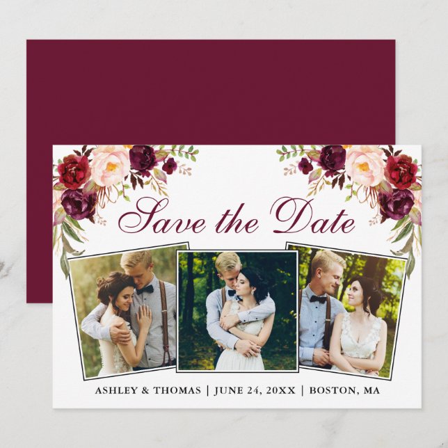 Save The Date Aquarelle Bourgogne Floral 3 Photo (Devant / Derrière)
