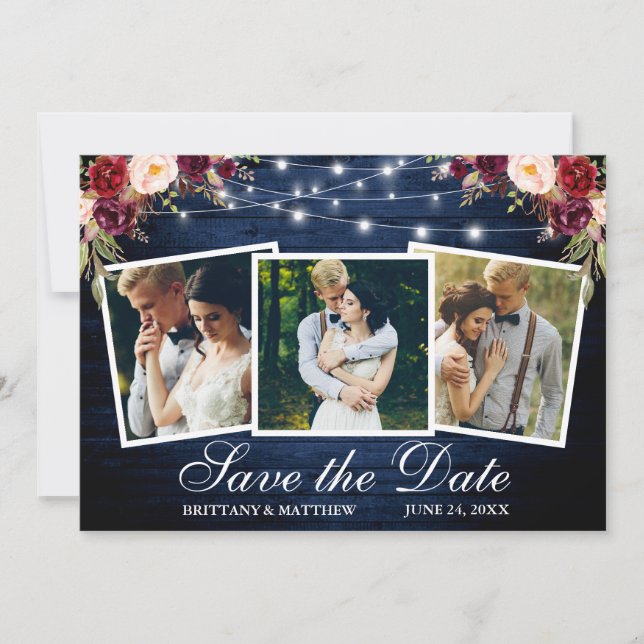 Save The Date Aquarelle Bourgogne Floral Bleu Bois 3 Photo (Devant)