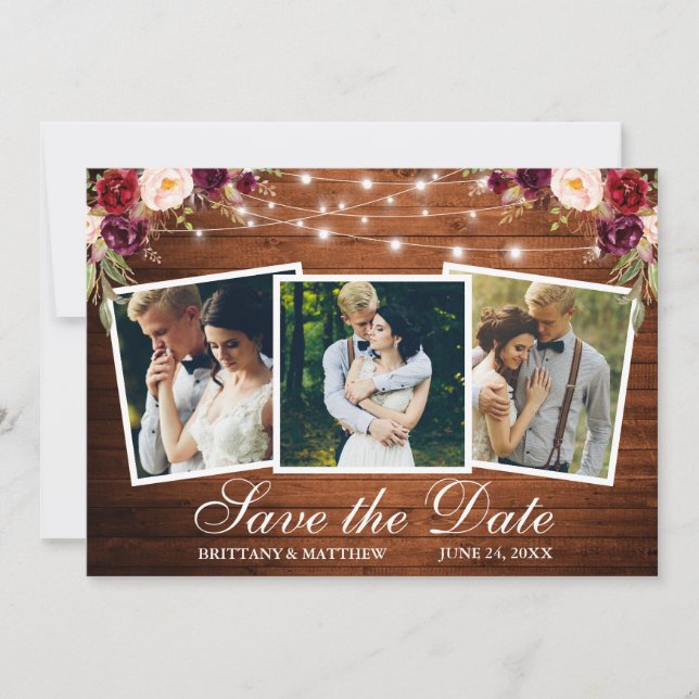 Save The Date Aquarelle Bourgogne Floral Bois 3 Photo (Devant)