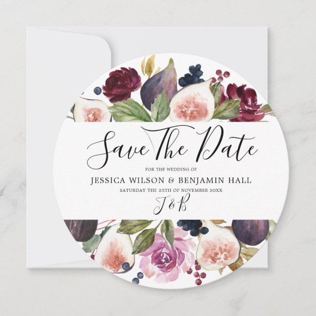 Save The Date Aquarelle Bourgogne Floral Fig Mariage (Devant)