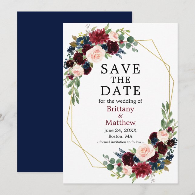 Save The Date Aquarelle Bourgogne Floral Geo Frame bleu (Devant / Derrière)