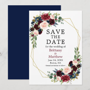 Save The Date Aquarelle Bourgogne Floral Geo Frame bleu