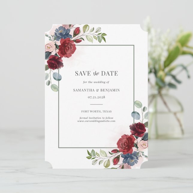 Save The Date Aquarelle Bourgogne Floral géométrique Enregistrer (Debout devant)