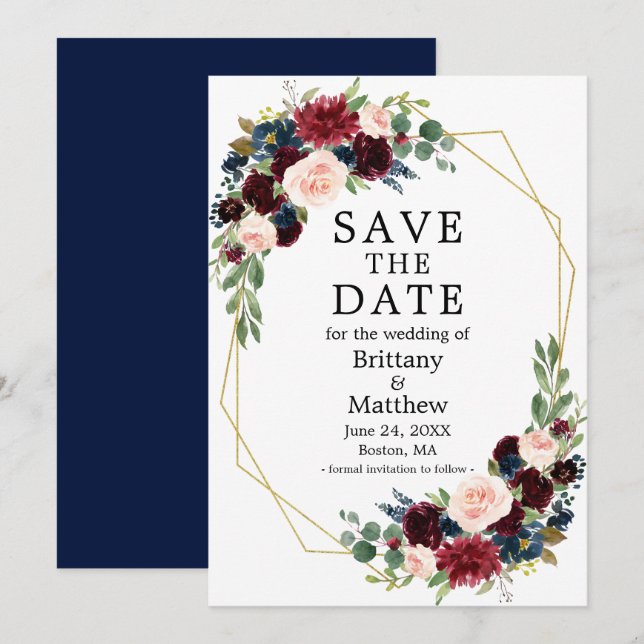 Save The Date Aquarelle Bourgogne Floral Gold Geo Frame Bleu (Devant / Derrière)