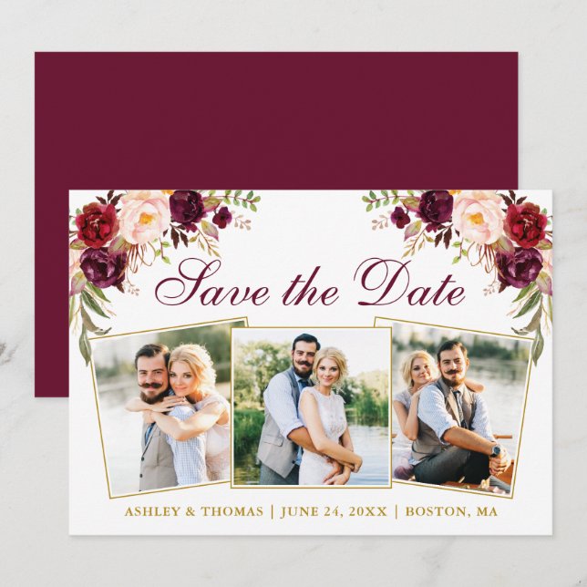 Save The Date Aquarelle Bourgogne Floral Or 3 Photo (Devant / Derrière)