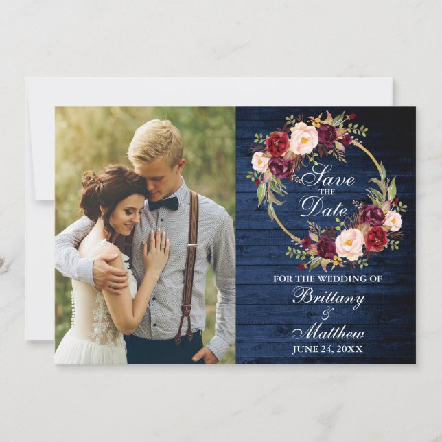 Save The Date Aquarelle Bourgogne Floral Wreath Blue Wood (Devant)