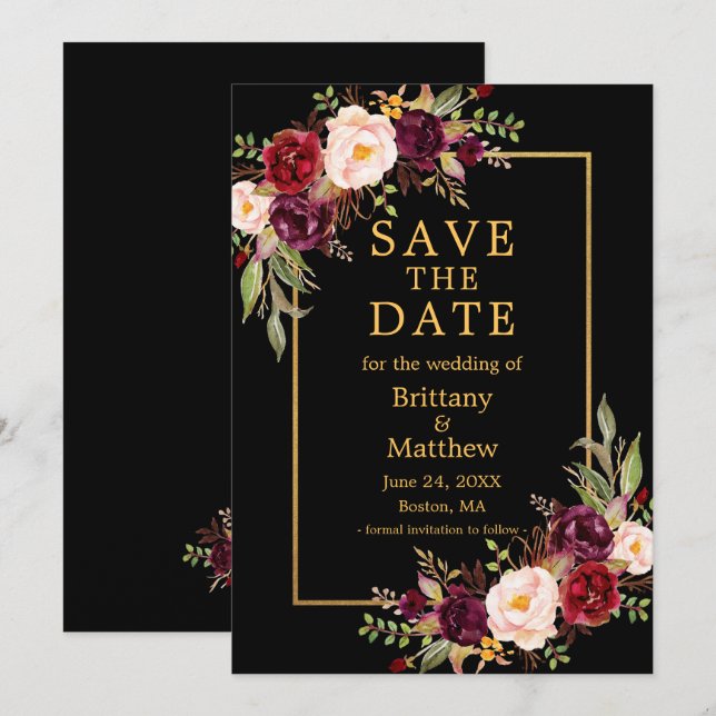 Save The Date Aquarelle Bourgogne Rose Black Gold Frame (Devant / Derrière)