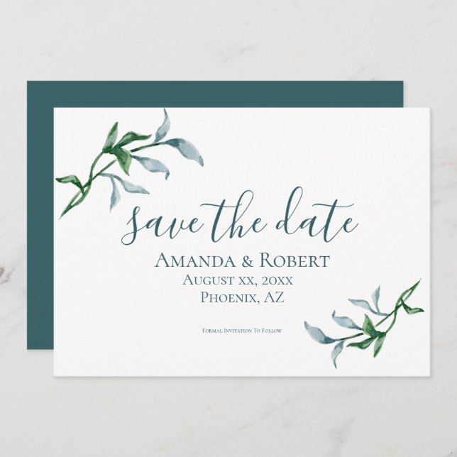 Save The Date Aquarelle Branches florales, Bleu, Vert, Mariage (Devant / Derrière)