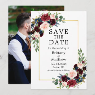 Save The Date Aquarelle Burgundy Bleu Floral Gold Frame Photo