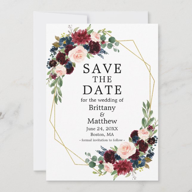 Save The Date Aquarelle Burgundy Bleu Floral Or Cadre Geo (Devant)