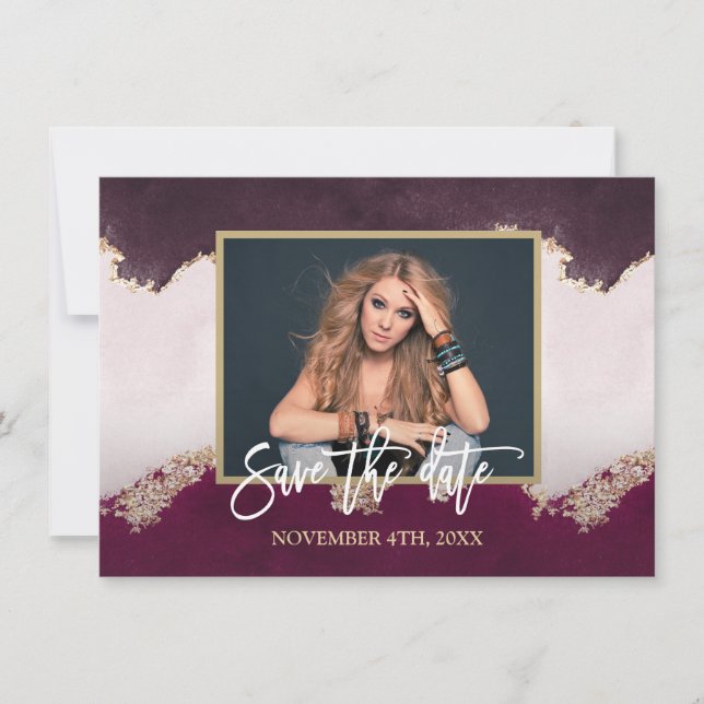 Save The Date Aquarelle Burgundy Gold Photo Fête des mariées (Devant)