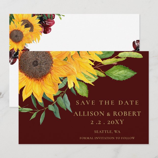 Save The Date Aquarelle Burgundy Tournesol Rustique Mariage (Devant / Derrière)