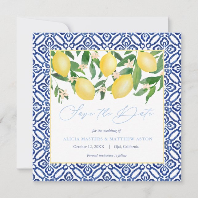Save The Date Aquarelle Citrons Avec Carrelage Espagnol Poudre B (Devant)