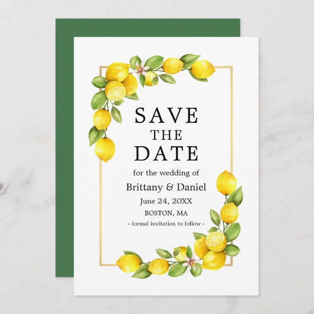 Save The Date Aquarelle Citrons Vert Or Cadre Vert (Devant / Derrière)