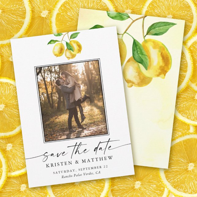 Save The Date Aquarelle Citrus citron Mariage photo (Capture the essence of summer with our lemon watercolor save the date.)