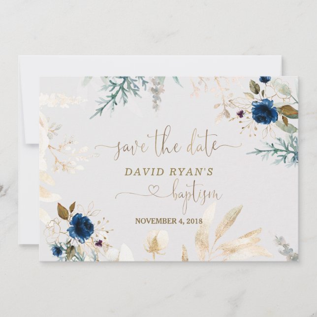 Save The Date Aquarelle de charme Bleu Floral Or Baptême (Devant)