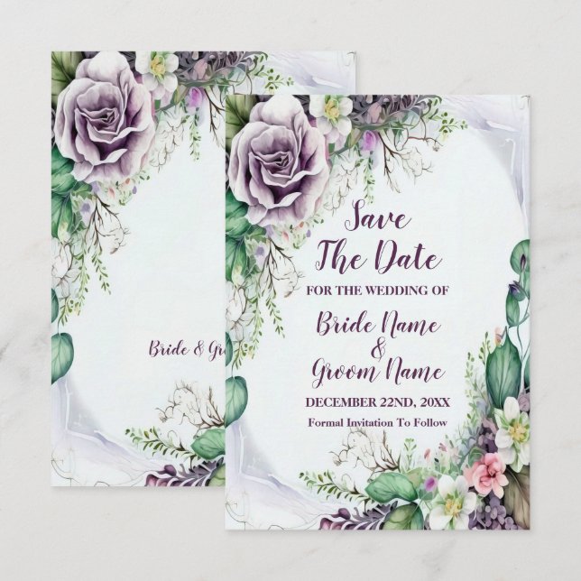 Save The Date Aquarelle de feuillage vert mariage violet (Devant / Derrière)