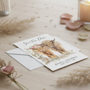 Save The Date Aquarelle de mariage vache des Highlands 