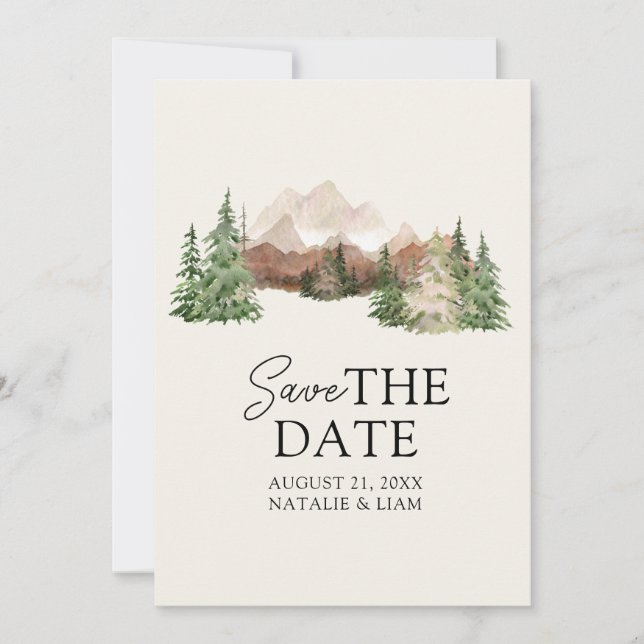 Save The Date Aquarelle de montagne Bois Pins Mariage (Devant)