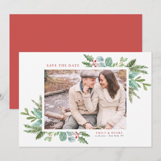 Save The Date Aquarelle de Noël Folithe photo du cadre (Devant / Derrière)