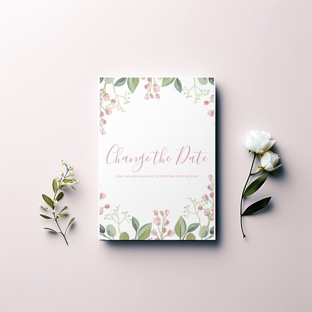 Save The Date Aquarelle élégante rose et verte (Elegant watercolor "Change the Date" card. Featuring a beautiful pink and green flower border.)