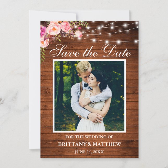Save The Date Aquarelle en bois rustique Lumières florales roses (Devant)