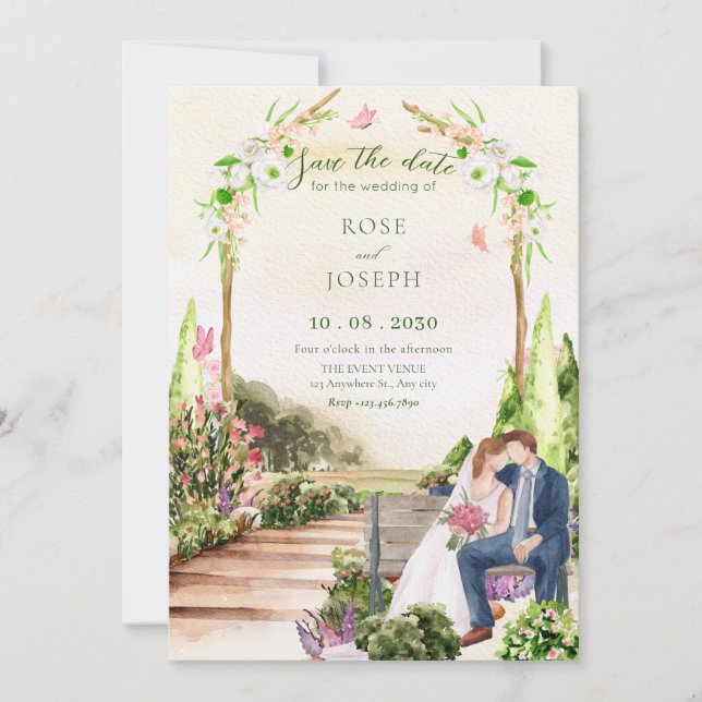 Save The Date Aquarelle esthétique jardin couple mariage (Devant)