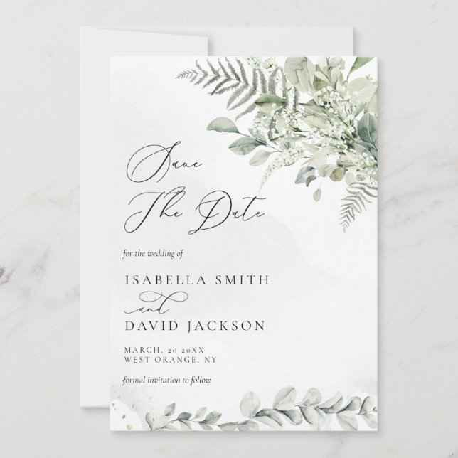 Save The Date Aquarelle Eucalyptus Feuillage Verdure Vert Sauge (Devant)