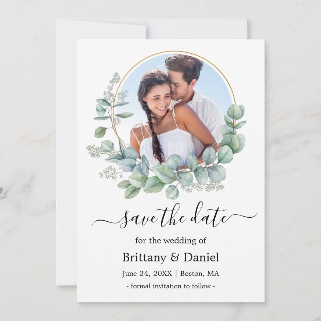 Save The Date Aquarelle Eucalyptus Feuilles cadre photo ronde (Devant)