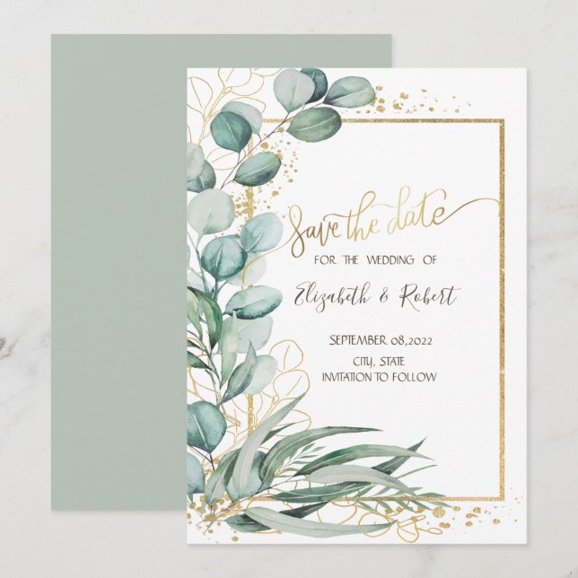 Save The Date Aquarelle Eucalyptus Gold Frame Enregistrer La Dat (Devant / Derrière)
