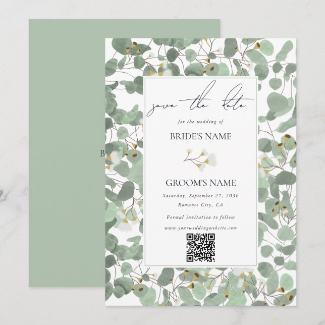 Save The Date Aquarelle Eucalyptus Mariage de fleurs vertes (Devant / Derrière)