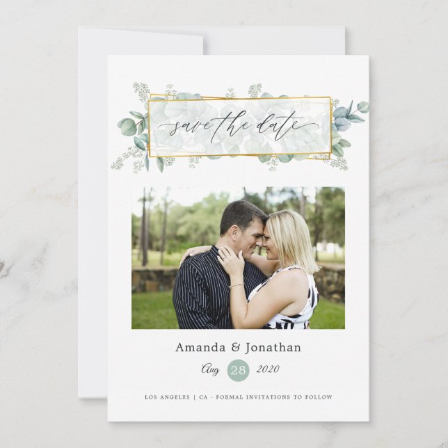 Save The Date Aquarelle Eucalyptus Mariage Géométrique (Devant)