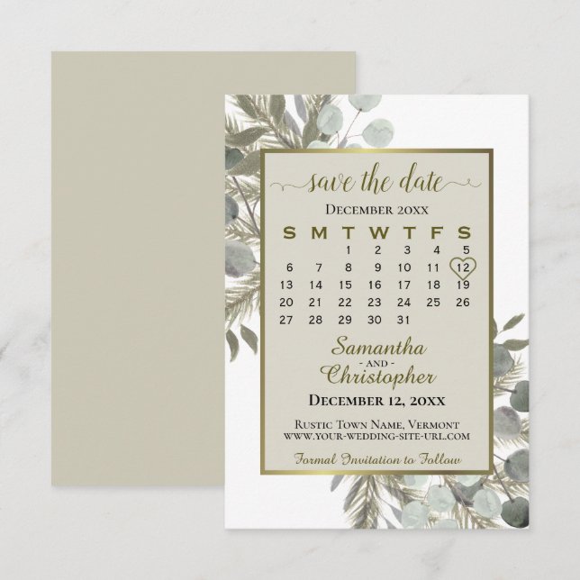 Save The Date Aquarelle Eucalyptus Pine Calendrier Taupe Mariage (Devant / Derrière)