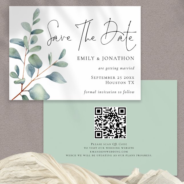 Save The Date Aquarelle Eucalyptus QR Code Script Enregistrer la (Front and back view)