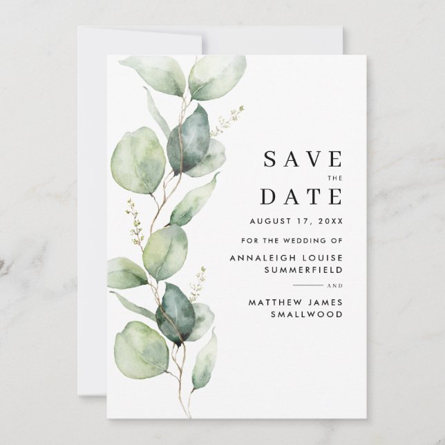 Save The Date Aquarelle Eucalyptus Vert (Devant)