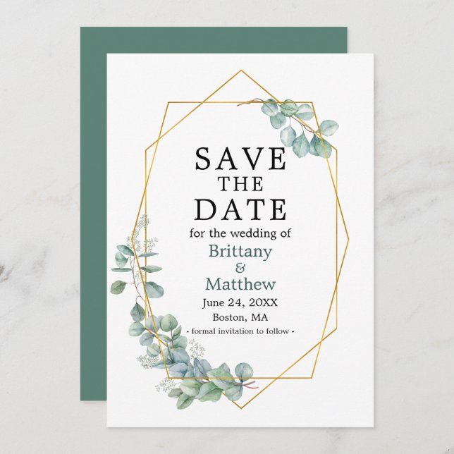 Save The Date Aquarelle Eucalyptus Vert Geo Cadre vert (Devant / Derrière)