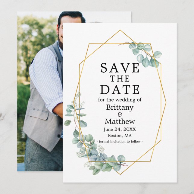 Save The Date Aquarelle Eucalyptus Vert Photo Geo Cadre Save (Devant / Derrière)