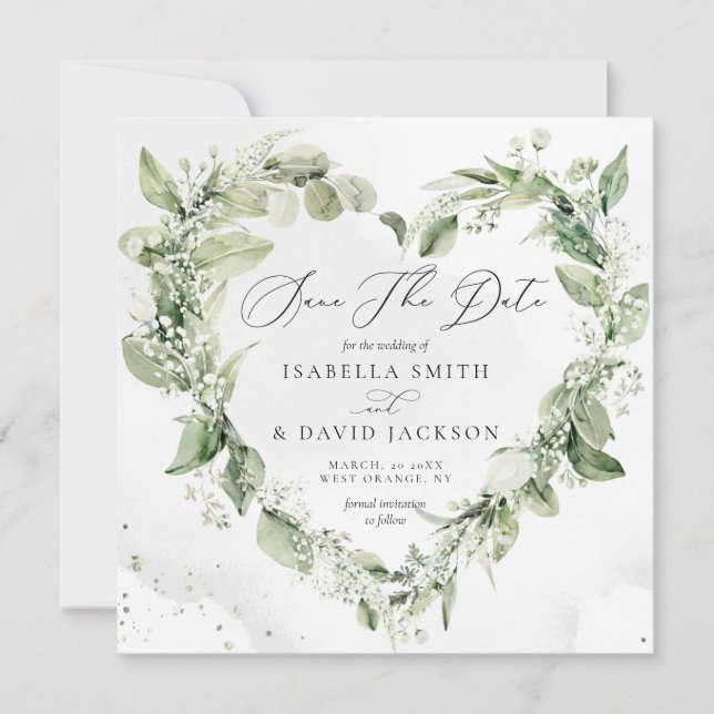 Save The Date Aquarelle Feuillage Végétal Romantique au Coeur de (Devant)