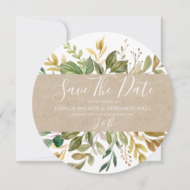 Save The Date Aquarelle Feuille verte Mariage d'été automne (Devant)