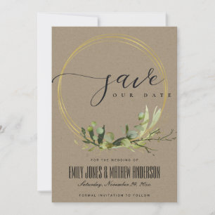SAVE THE DATE AQUARELLE FEUILLES VERTES MÉTALLISÉES RUSTIQUE KRA