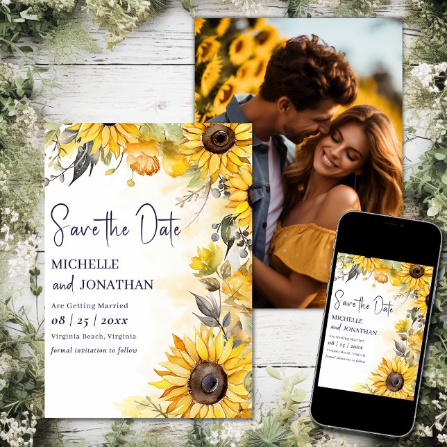 Save The Date Aquarelle Fleur de tournesol Florale Mariage Photo (Printed and Digital - Watercolor Sunflower Floral Flower Wedding Photo Save The Date)