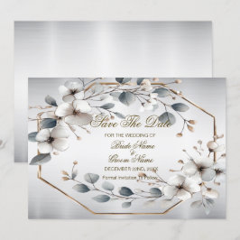 Save The Date Aquarelle Fleurs blanches Cadre doré Argent Turquo